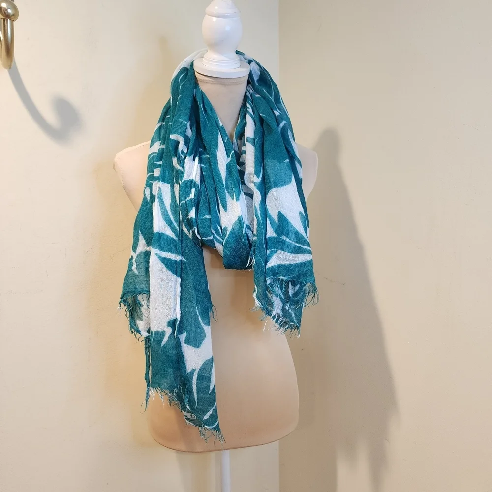 Teal and White Leaf Print Large  Scarf